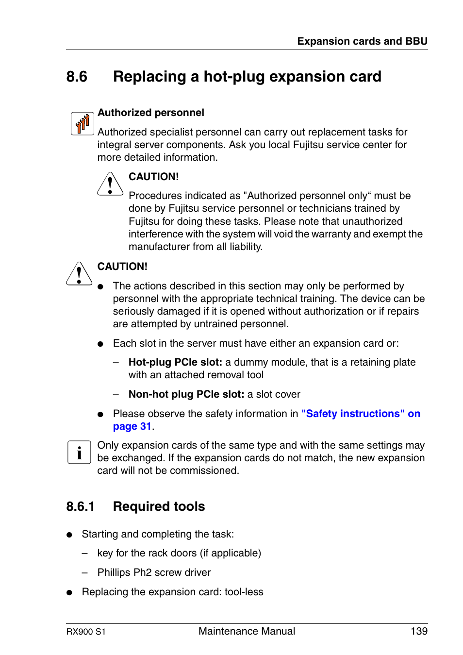 Replacing a hot-plug expansion card, Required tools, 6 replacing a hot-plug expansion card | 1 required tools | FUJITSU PRIMERGY RX900 S1 User Manual | Page 139 / 368