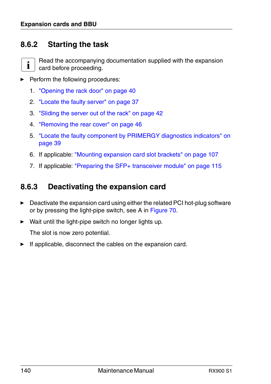 Starting the task, Deactivating the expansion card, 2 starting the task | 3 deactivating the expansion card | FUJITSU PRIMERGY RX900 S1 User Manual | Page 140 / 368