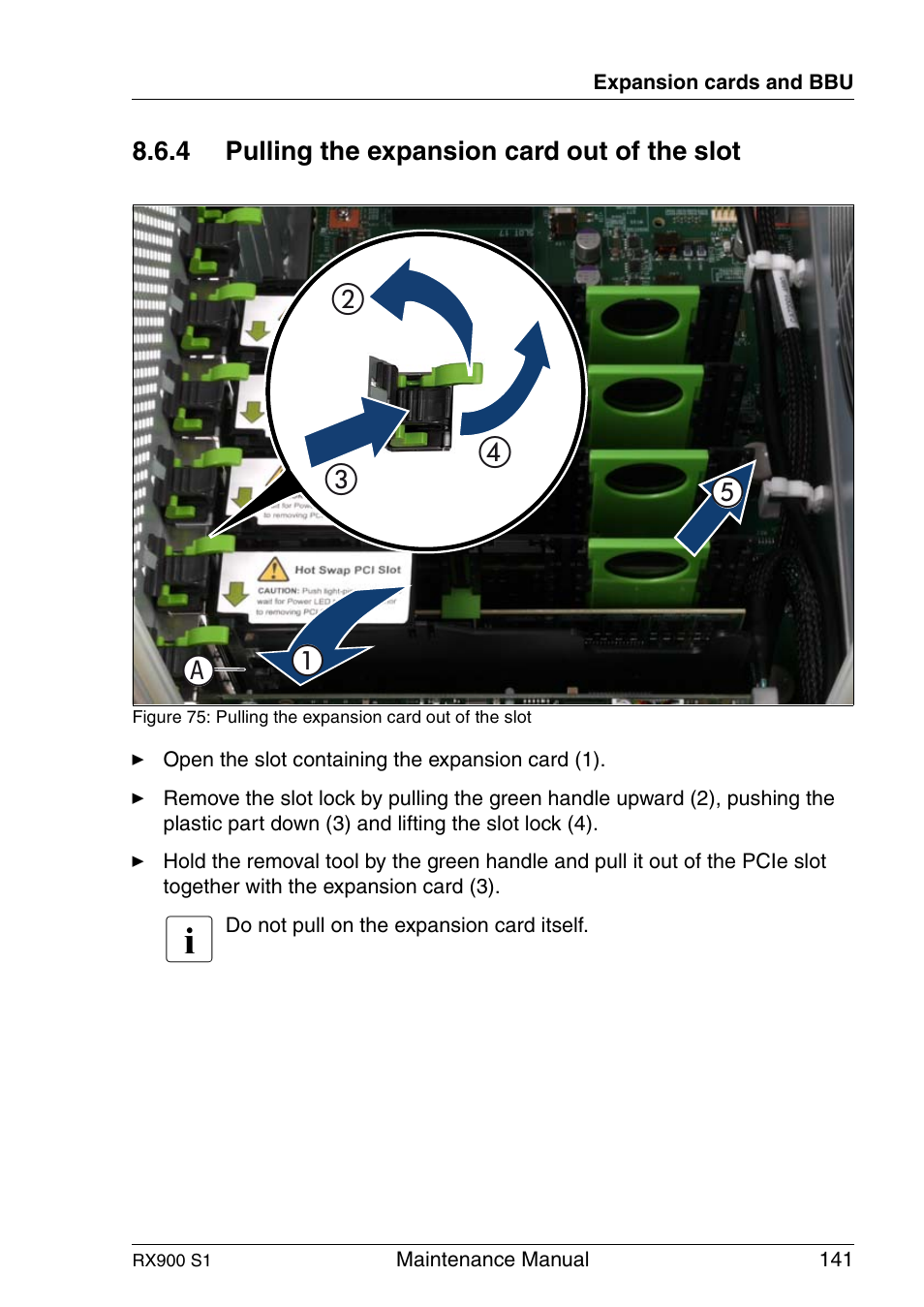 Pulling the expansion card out of the slot, 0 1 2 3 c | FUJITSU PRIMERGY RX900 S1 User Manual | Page 141 / 368