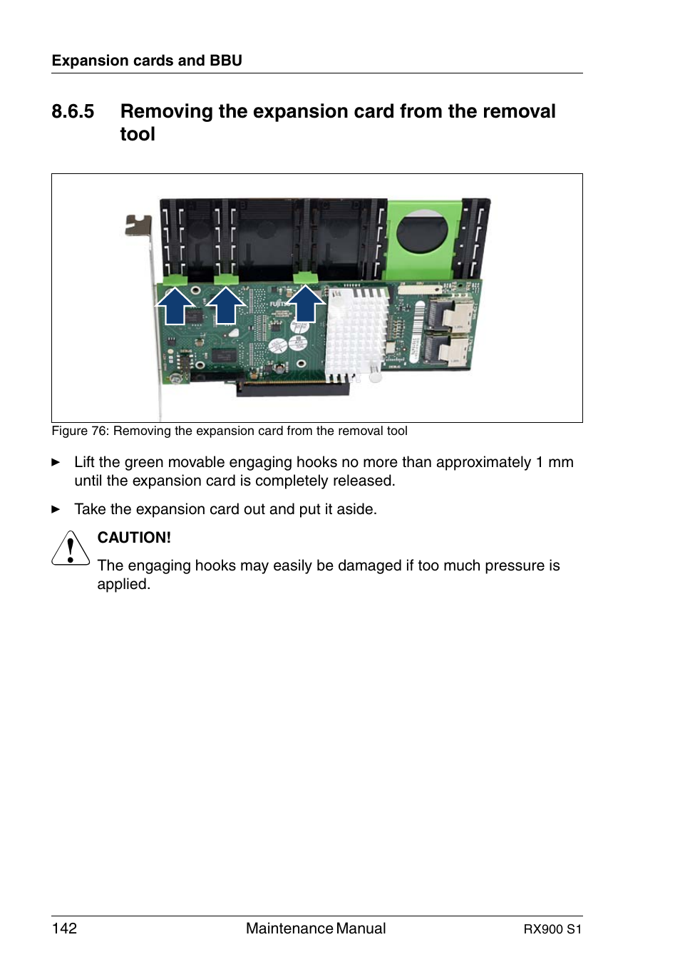 Removing the expansion card from the removal tool | FUJITSU PRIMERGY RX900 S1 User Manual | Page 142 / 368