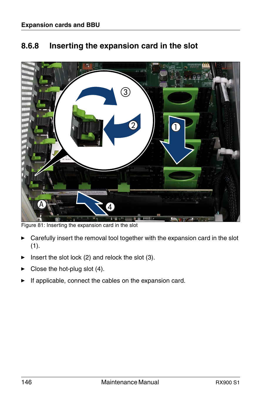 Inserting the expansion card in the slot, 0 1 2 c | FUJITSU PRIMERGY RX900 S1 User Manual | Page 146 / 368