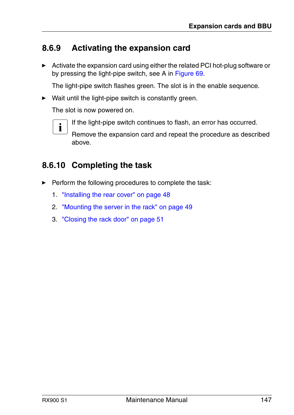 Activating the expansion card, Completing the task, 9 activating the expansion card | 10 completing the task | FUJITSU PRIMERGY RX900 S1 User Manual | Page 147 / 368