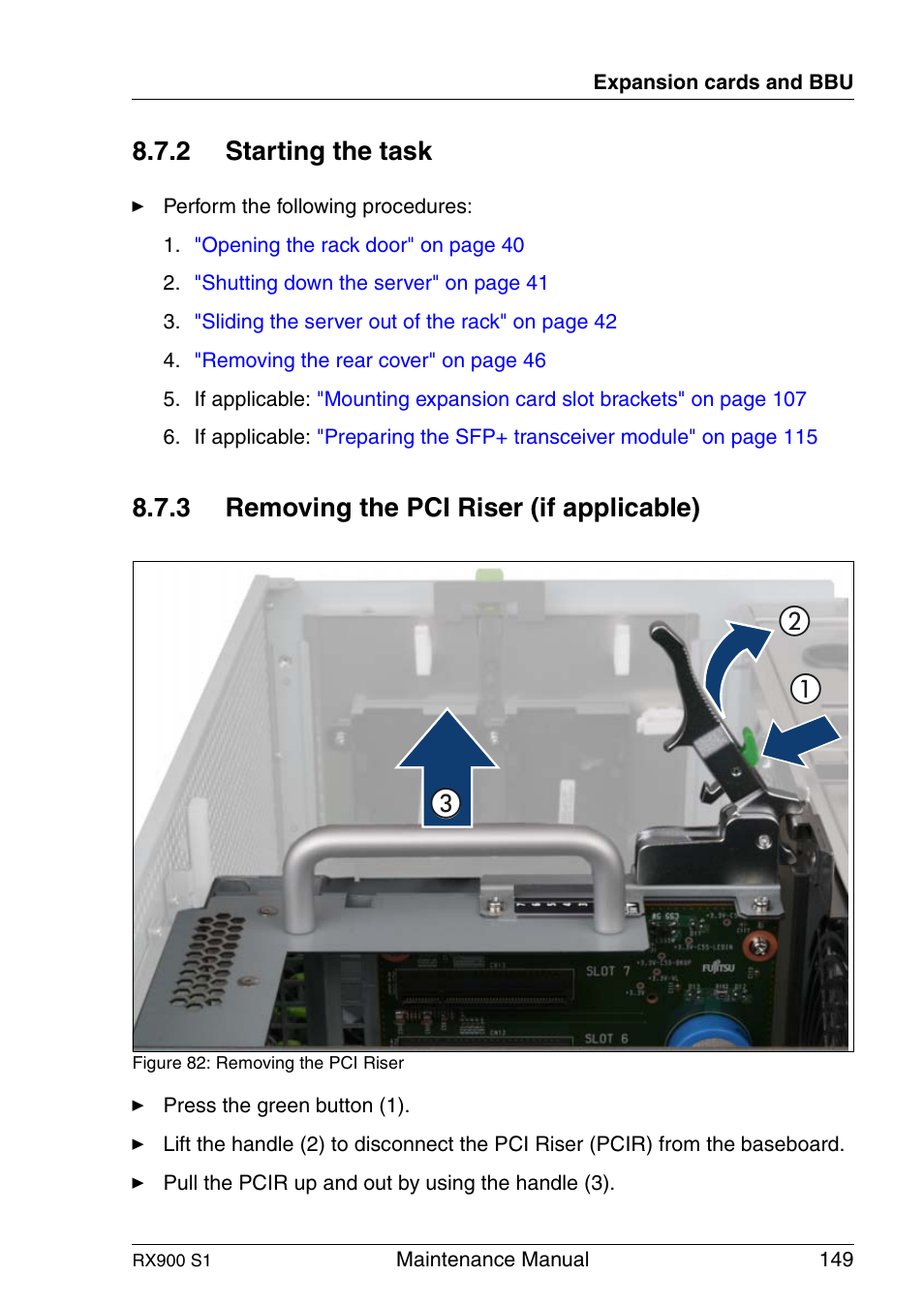 Starting the task, Removing the pci riser (if applicable), 2 starting the task | 3 removing the pci riser (if applicable) | FUJITSU PRIMERGY RX900 S1 User Manual | Page 149 / 368