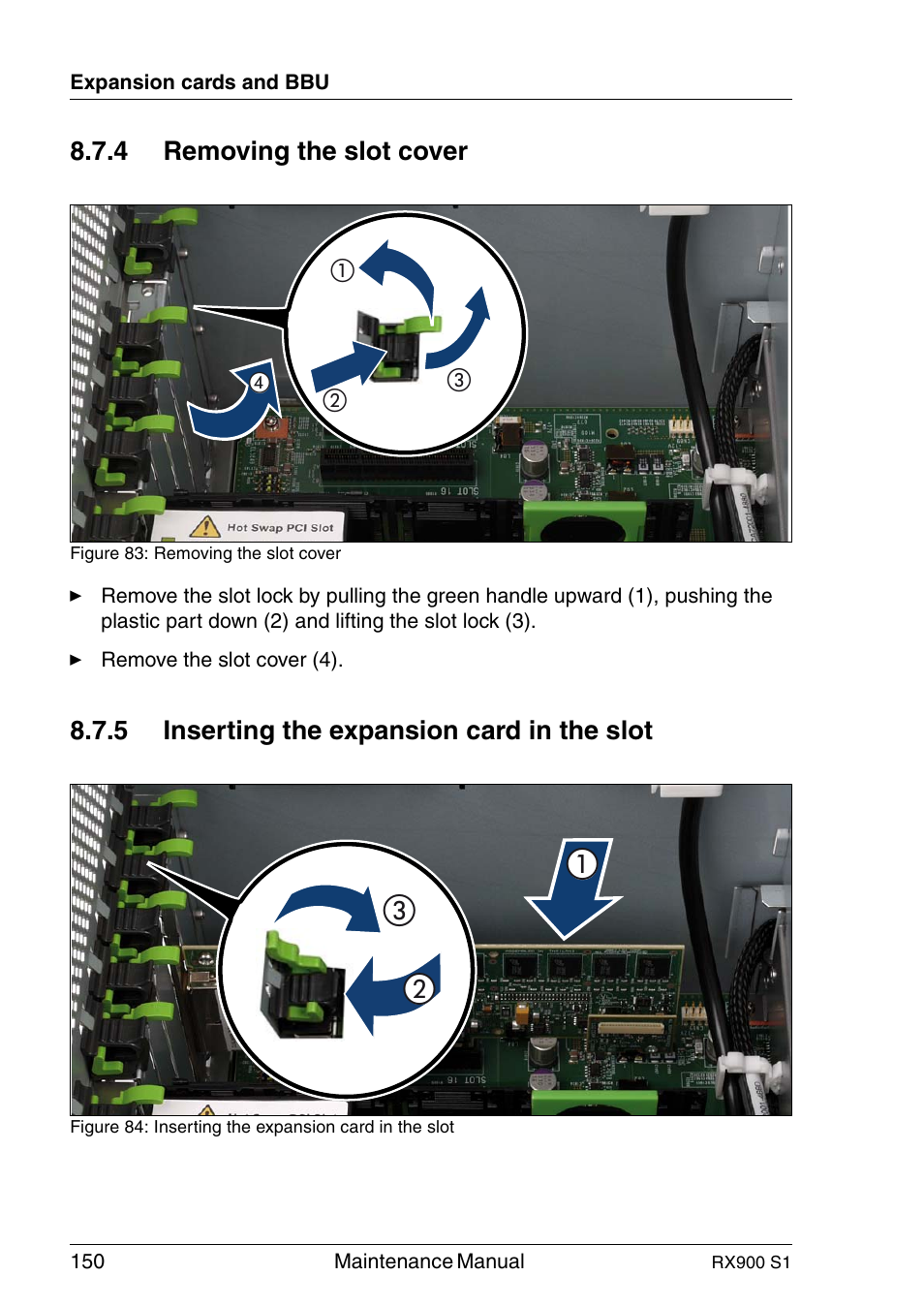 Removing the slot cover, Inserting the expansion card in the slot | FUJITSU PRIMERGY RX900 S1 User Manual | Page 150 / 368