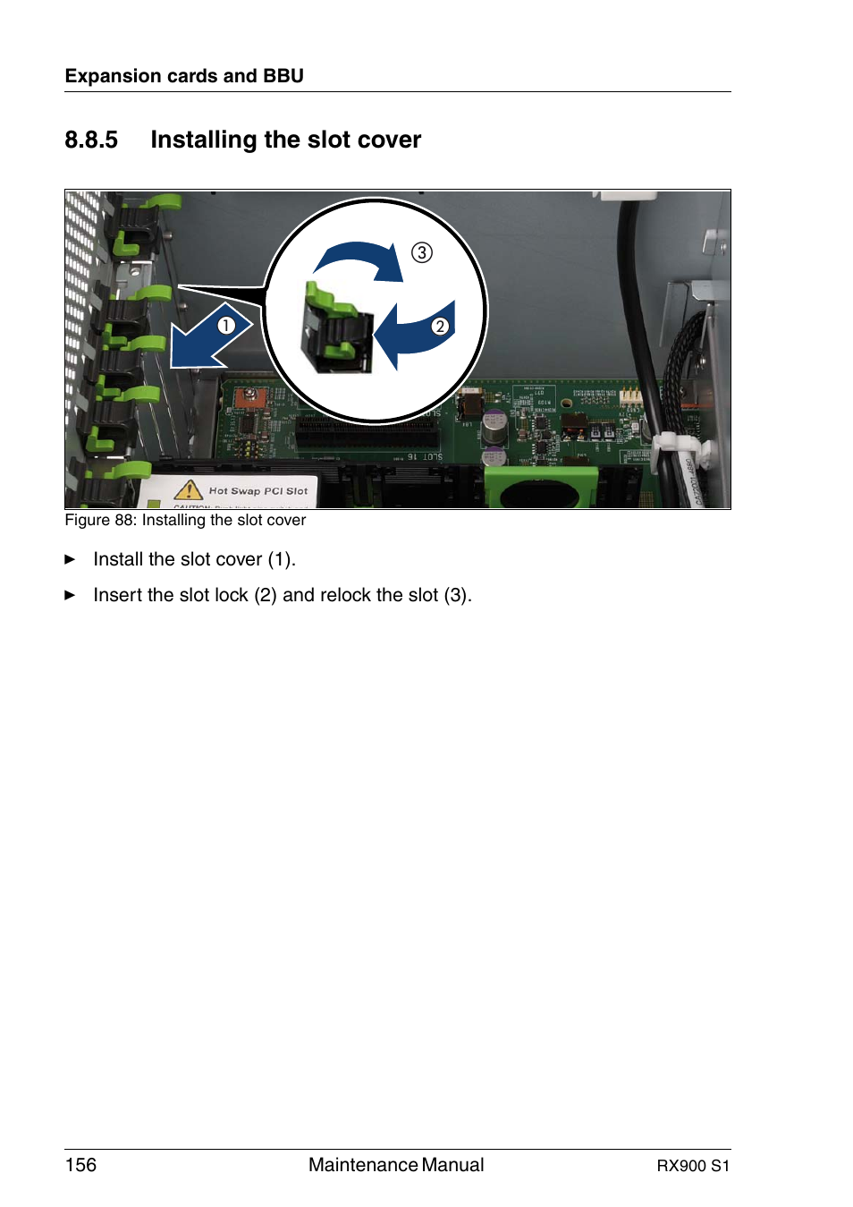 Installing the slot cover, 5 installing the slot cover | FUJITSU PRIMERGY RX900 S1 User Manual | Page 156 / 368