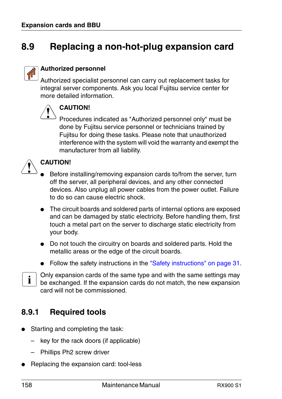 Replacing a non-hot-plug expansion card, Required tools, 9 replacing a non-hot-plug expansion card | 1 required tools | FUJITSU PRIMERGY RX900 S1 User Manual | Page 158 / 368