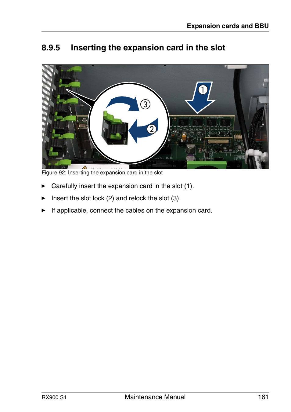 Inserting the expansion card in the slot | FUJITSU PRIMERGY RX900 S1 User Manual | Page 161 / 368