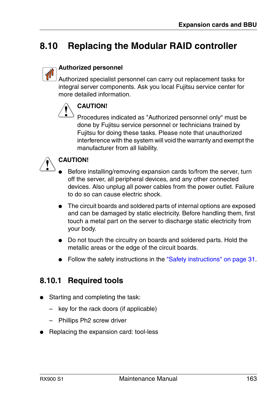 Replacing the modular raid controller, Required tools, 10 replacing the modular raid controller | 1 required tools | FUJITSU PRIMERGY RX900 S1 User Manual | Page 163 / 368