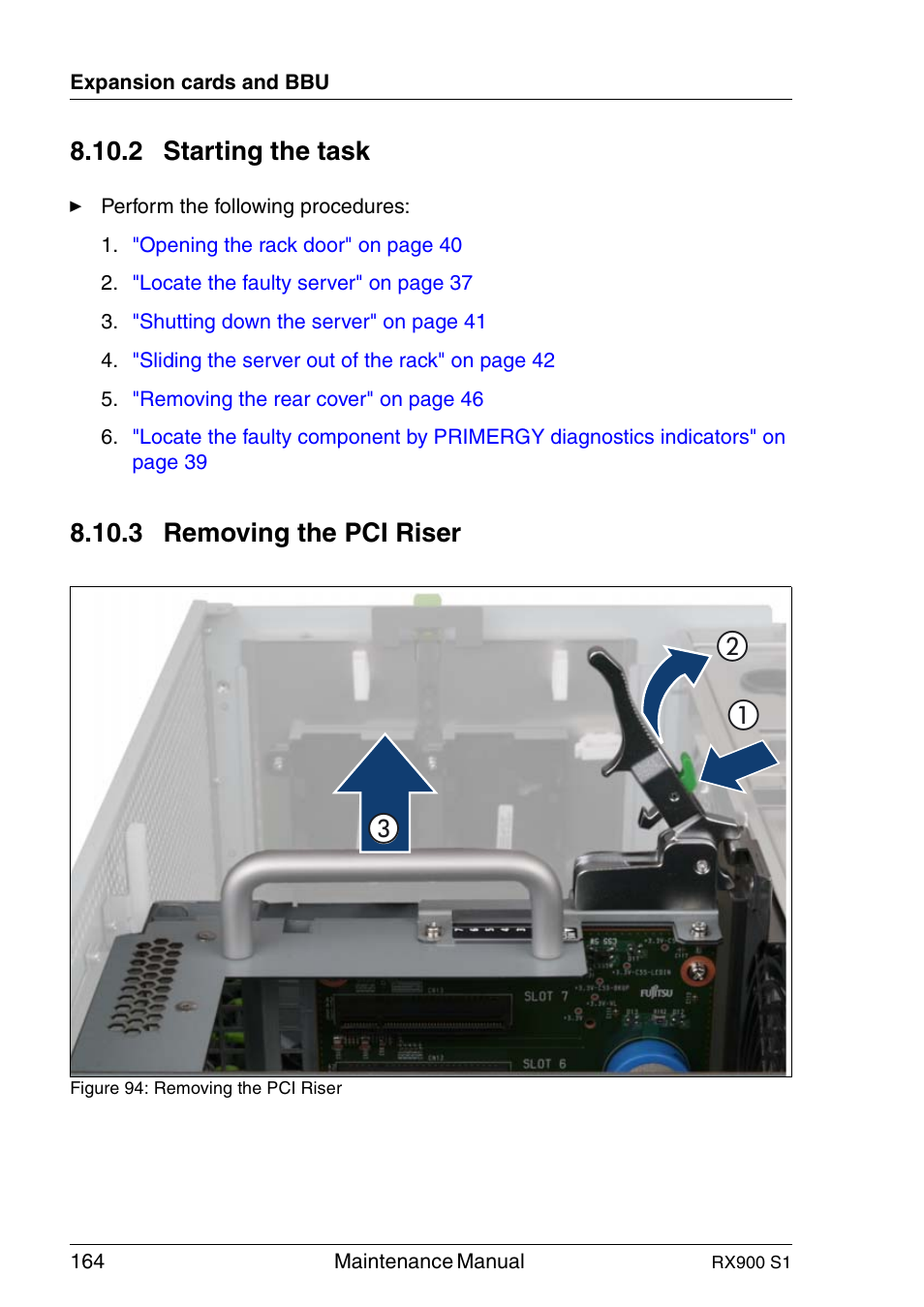 Starting the task, Removing the pci riser, 2 starting the task | 3 removing the pci riser | FUJITSU PRIMERGY RX900 S1 User Manual | Page 164 / 368