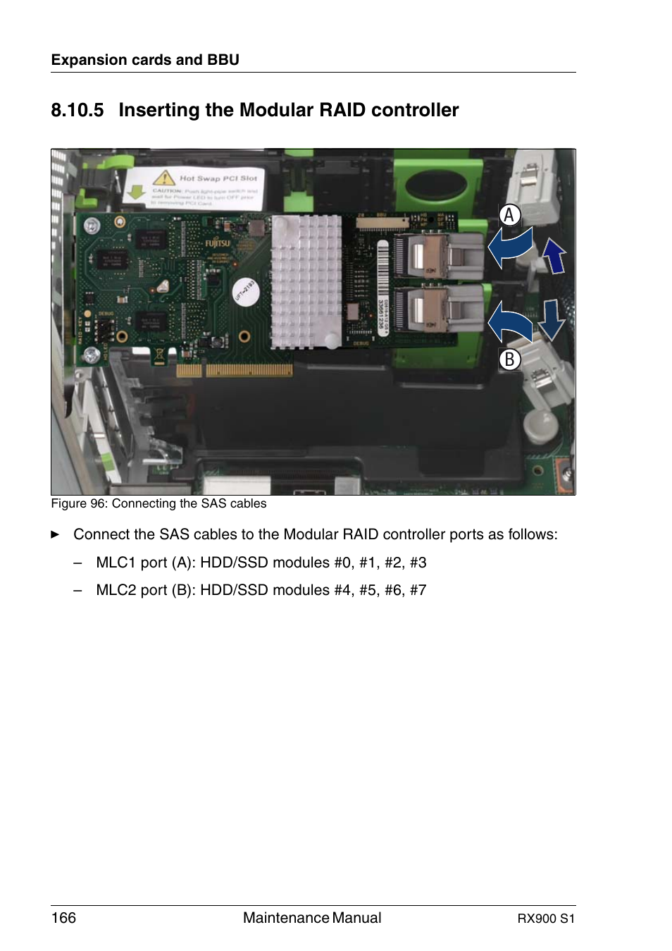 Inserting the modular raid controller, 5 inserting the modular raid controller | FUJITSU PRIMERGY RX900 S1 User Manual | Page 166 / 368