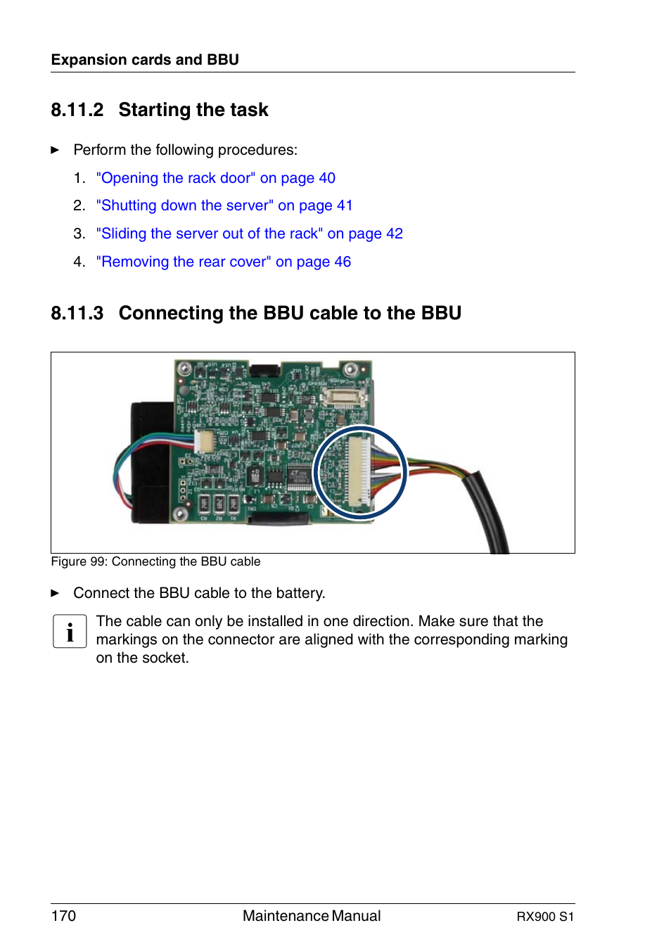 Starting the task, Connecting the bbu cable to the bbu, 2 starting the task | 3 connecting the bbu cable to the bbu | FUJITSU PRIMERGY RX900 S1 User Manual | Page 170 / 368