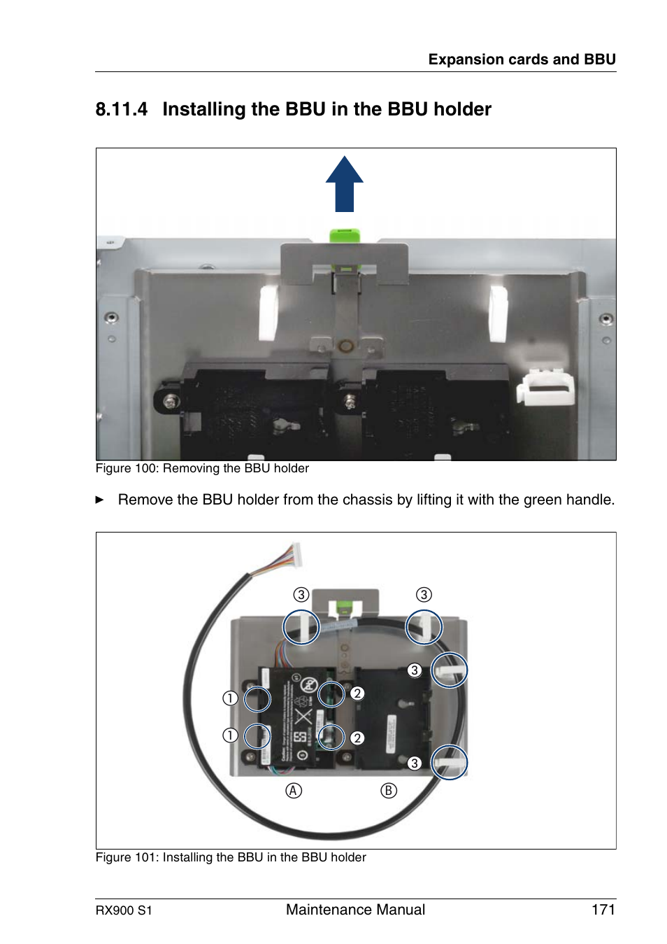 Installing the bbu in the bbu holder, 4 installing the bbu in the bbu holder | FUJITSU PRIMERGY RX900 S1 User Manual | Page 171 / 368
