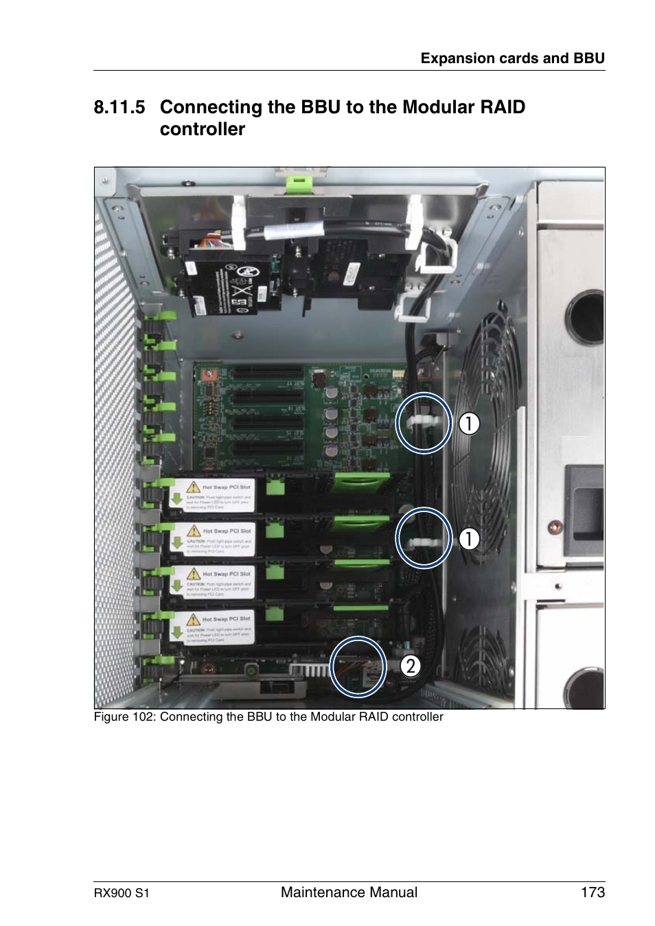 Connecting the bbu to the modular raid controller | FUJITSU PRIMERGY RX900 S1 User Manual | Page 173 / 368
