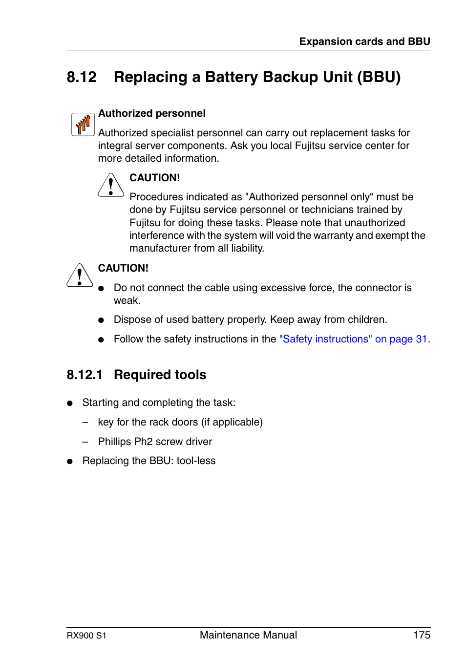 Replacing a battery backup unit (bbu), Required tools, 12 replacing a battery backup unit (bbu) | 1 required tools | FUJITSU PRIMERGY RX900 S1 User Manual | Page 175 / 368