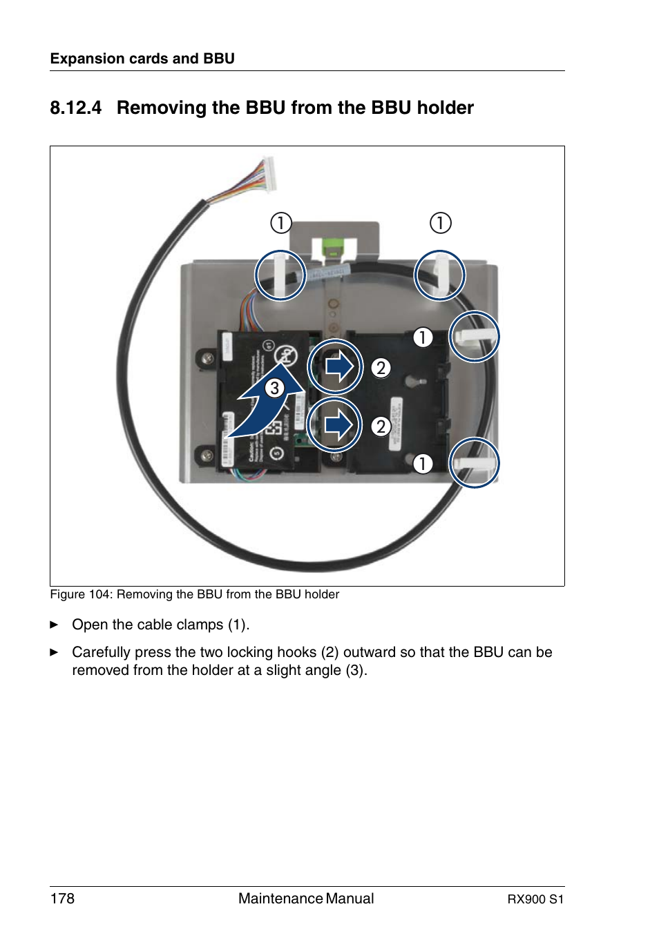 Removing the bbu from the bbu holder | FUJITSU PRIMERGY RX900 S1 User Manual | Page 178 / 368
