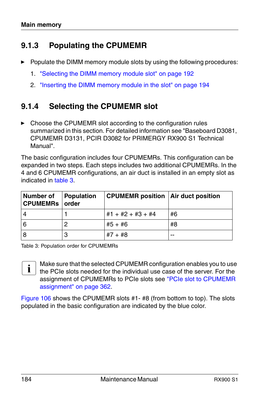 Populating the cpumemr, Selecting the cpumemr slot, 3 populating the cpumemr | 4 selecting the cpumemr slot | FUJITSU PRIMERGY RX900 S1 User Manual | Page 184 / 368