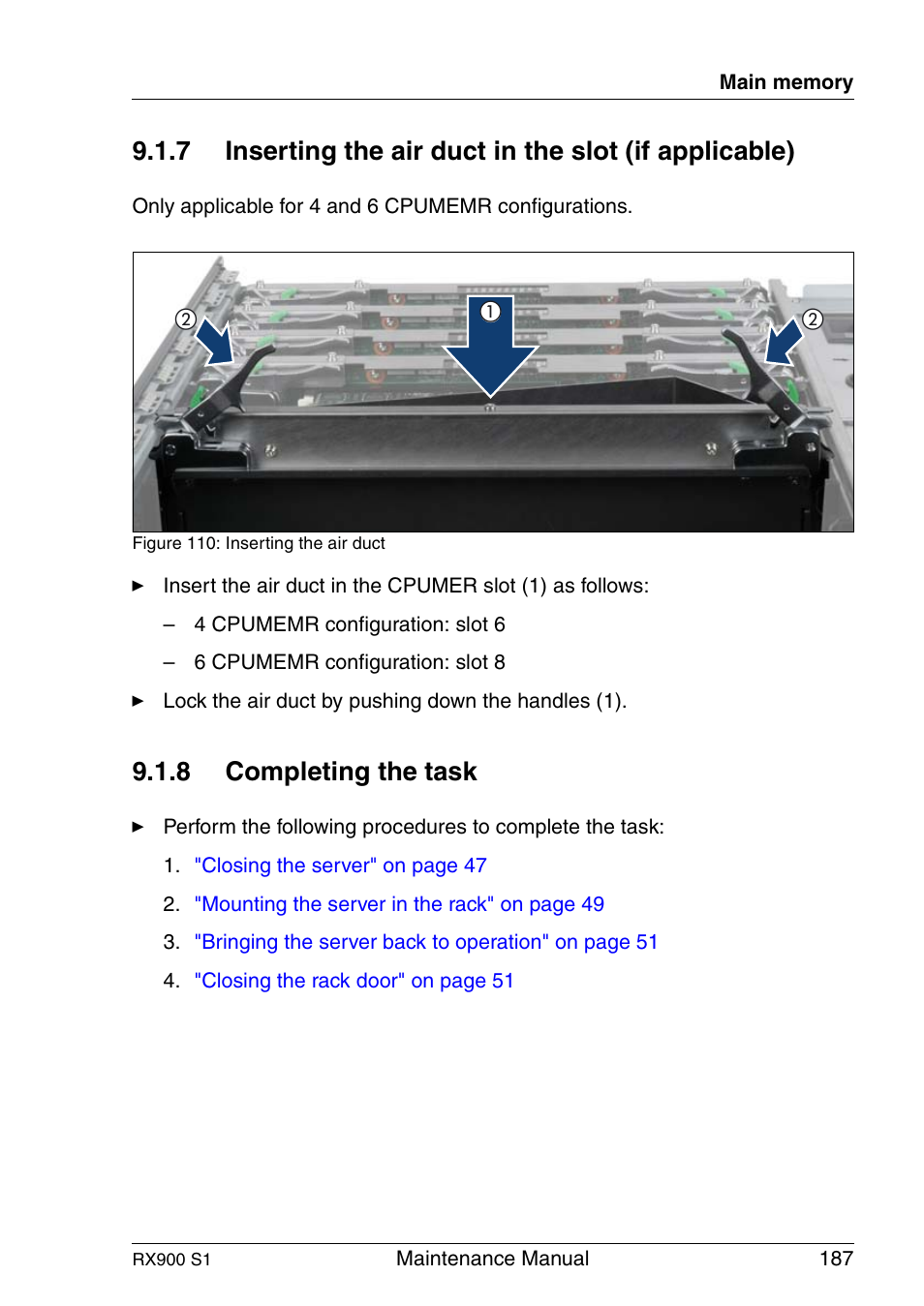 Inserting the air duct in the slot (if applicable), Completing the task, 8 completing the task | FUJITSU PRIMERGY RX900 S1 User Manual | Page 187 / 368