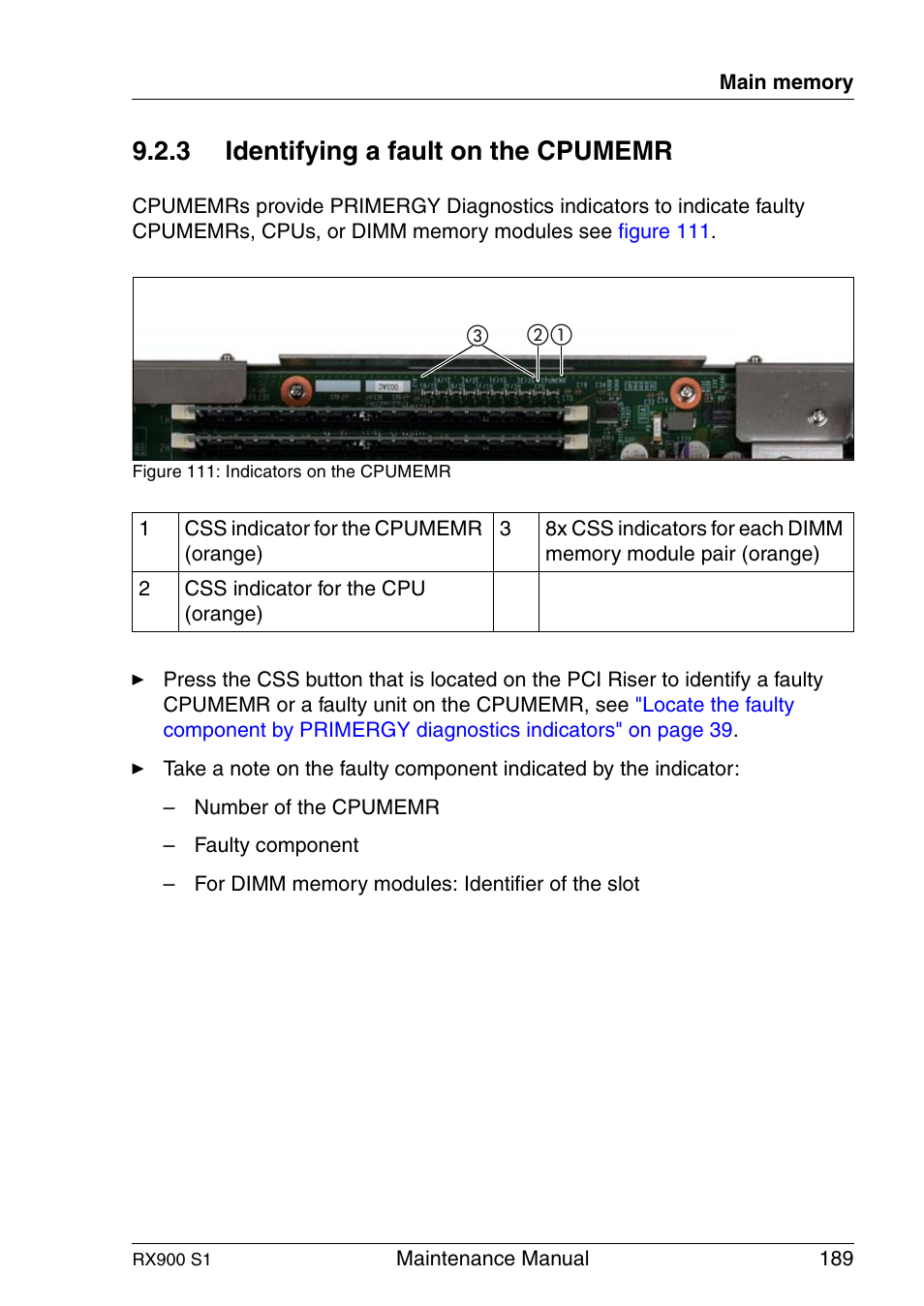 Identifying a fault on the cpumemr, 3 identifying a fault on the cpumemr | FUJITSU PRIMERGY RX900 S1 User Manual | Page 189 / 368