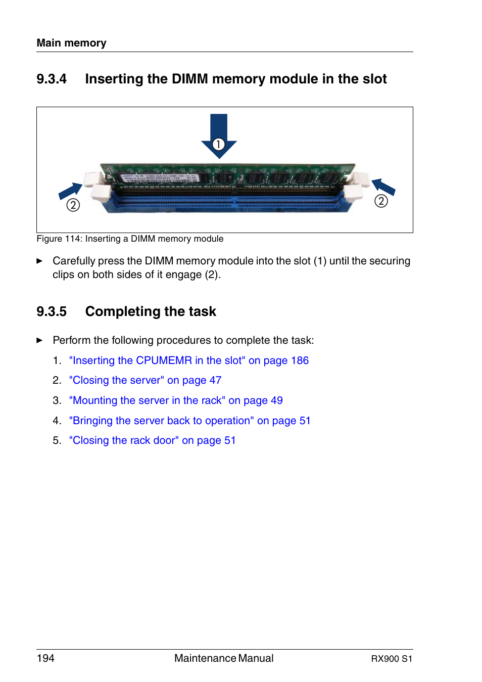 Inserting the dimm memory module in the slot, Completing the task, Inserting the dimm | 5 completing the task | FUJITSU PRIMERGY RX900 S1 User Manual | Page 194 / 368