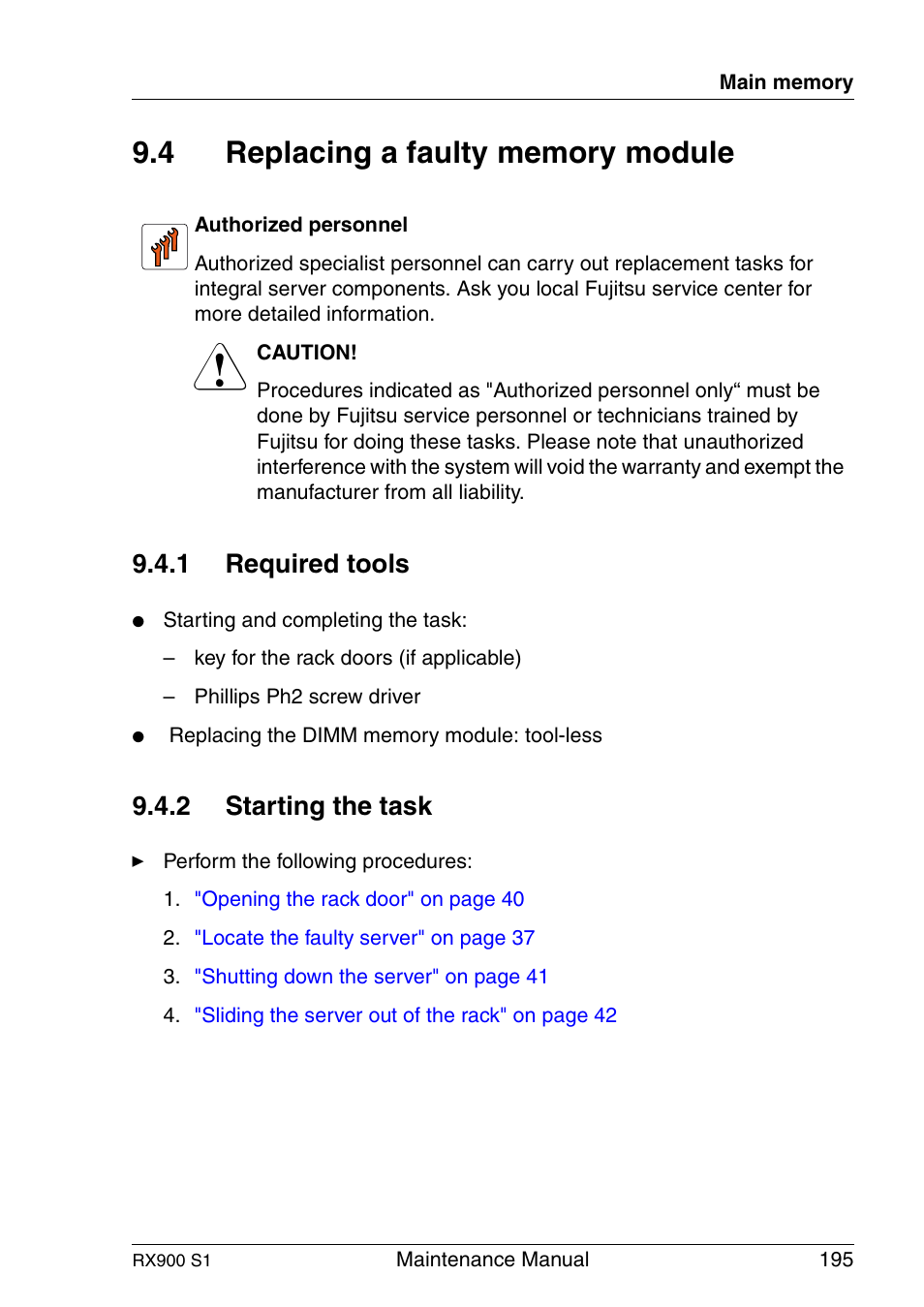 Replacing a faulty memory module, Required tools, Starting the task | 1 required tools, 2 starting the task | FUJITSU PRIMERGY RX900 S1 User Manual | Page 195 / 368