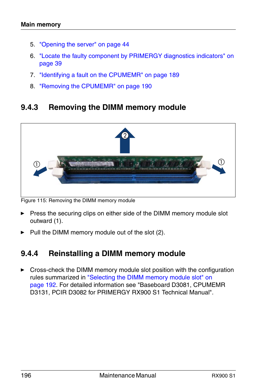 Removing the dimm memory module, Reinstalling a dimm memory module | FUJITSU PRIMERGY RX900 S1 User Manual | Page 196 / 368
