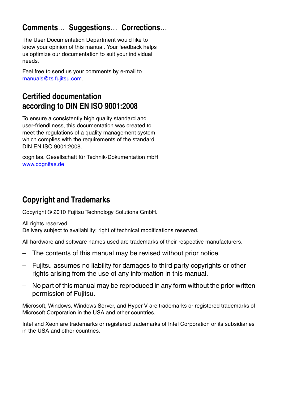 Comments … suggestions … corrections, Copyright and trademarks | FUJITSU PRIMERGY RX900 S1 User Manual | Page 2 / 368