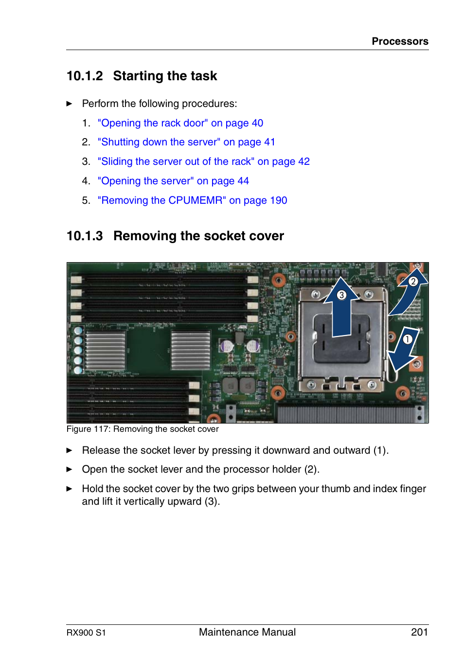 Starting the task, Removing the socket cover, 2 starting the task | 3 removing the socket cover | FUJITSU PRIMERGY RX900 S1 User Manual | Page 201 / 368