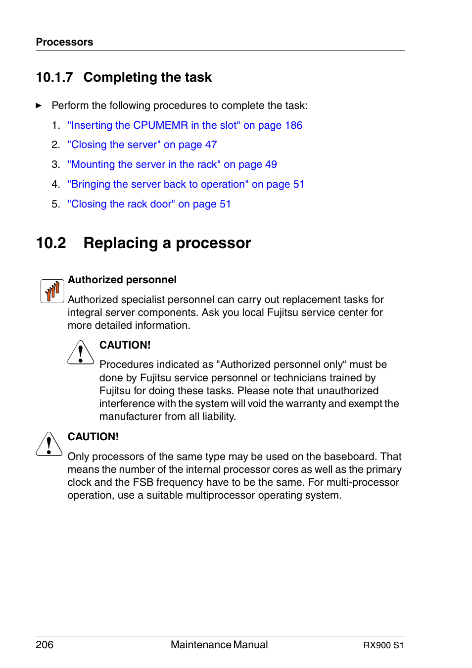 Completing the task, Replacing a processor, 2 replacing a processor | 7 completing the task | FUJITSU PRIMERGY RX900 S1 User Manual | Page 206 / 368