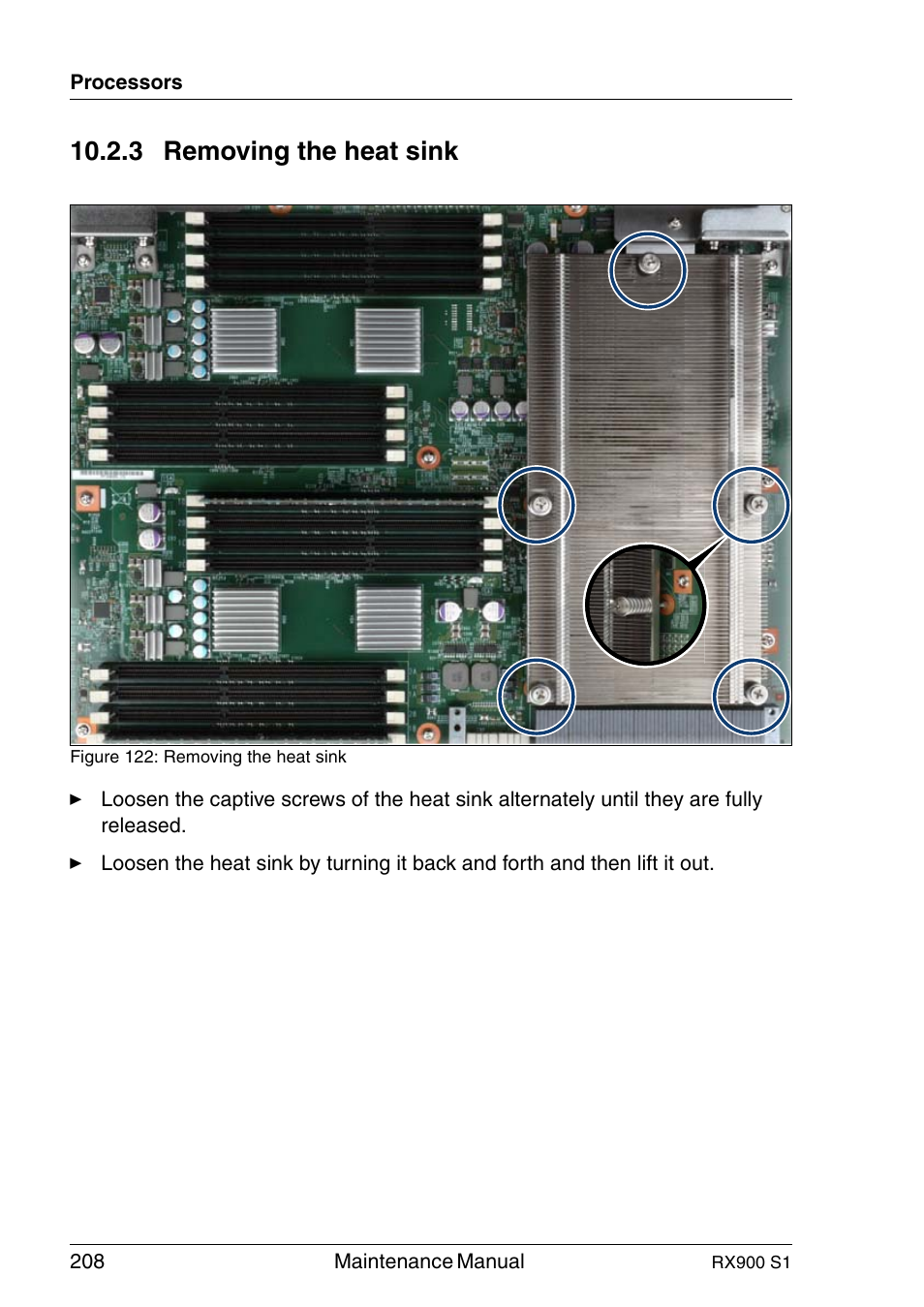 Removing the heat sink, 3 removing the heat sink | FUJITSU PRIMERGY RX900 S1 User Manual | Page 208 / 368