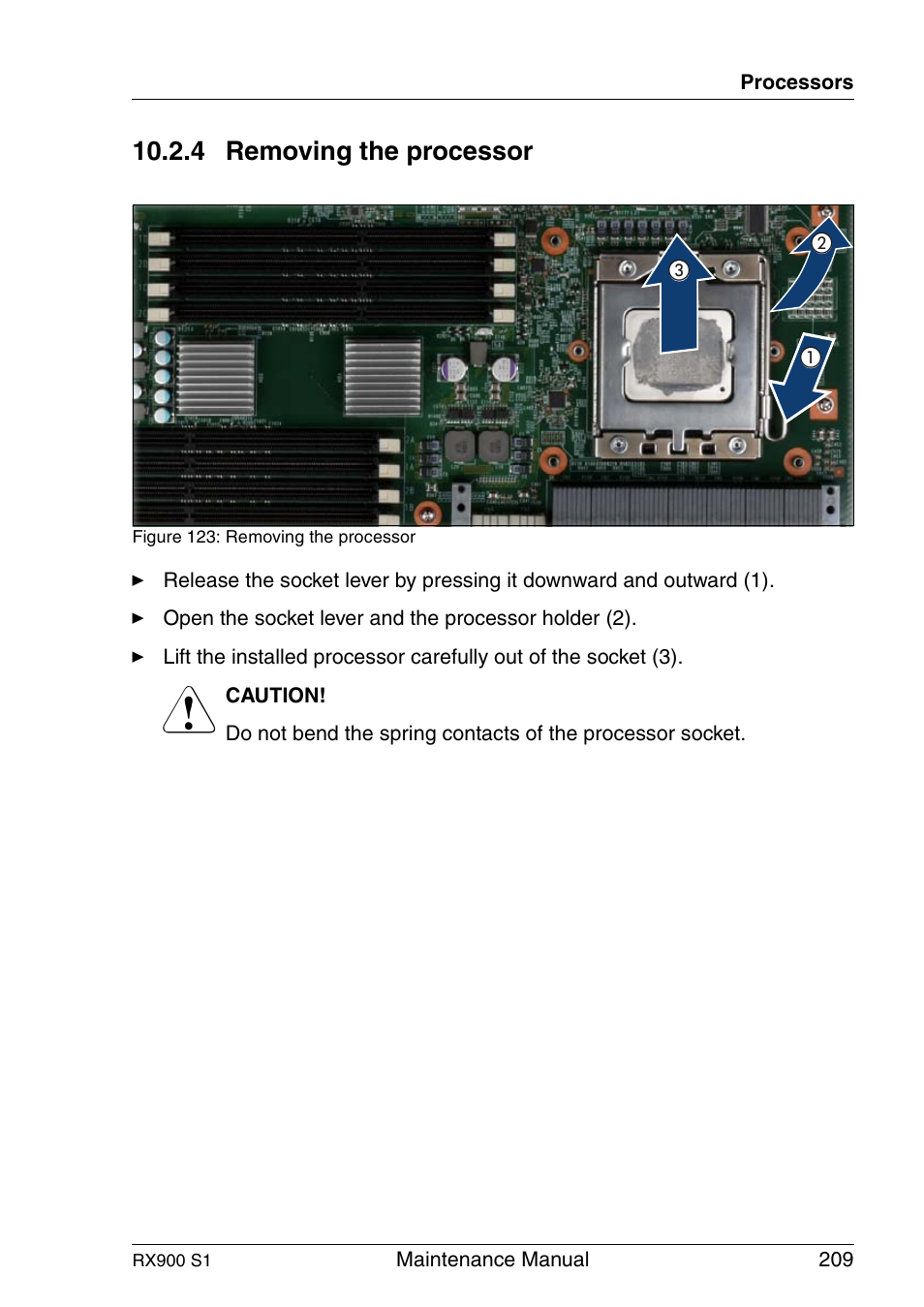 Removing the processor, 4 removing the processor | FUJITSU PRIMERGY RX900 S1 User Manual | Page 209 / 368