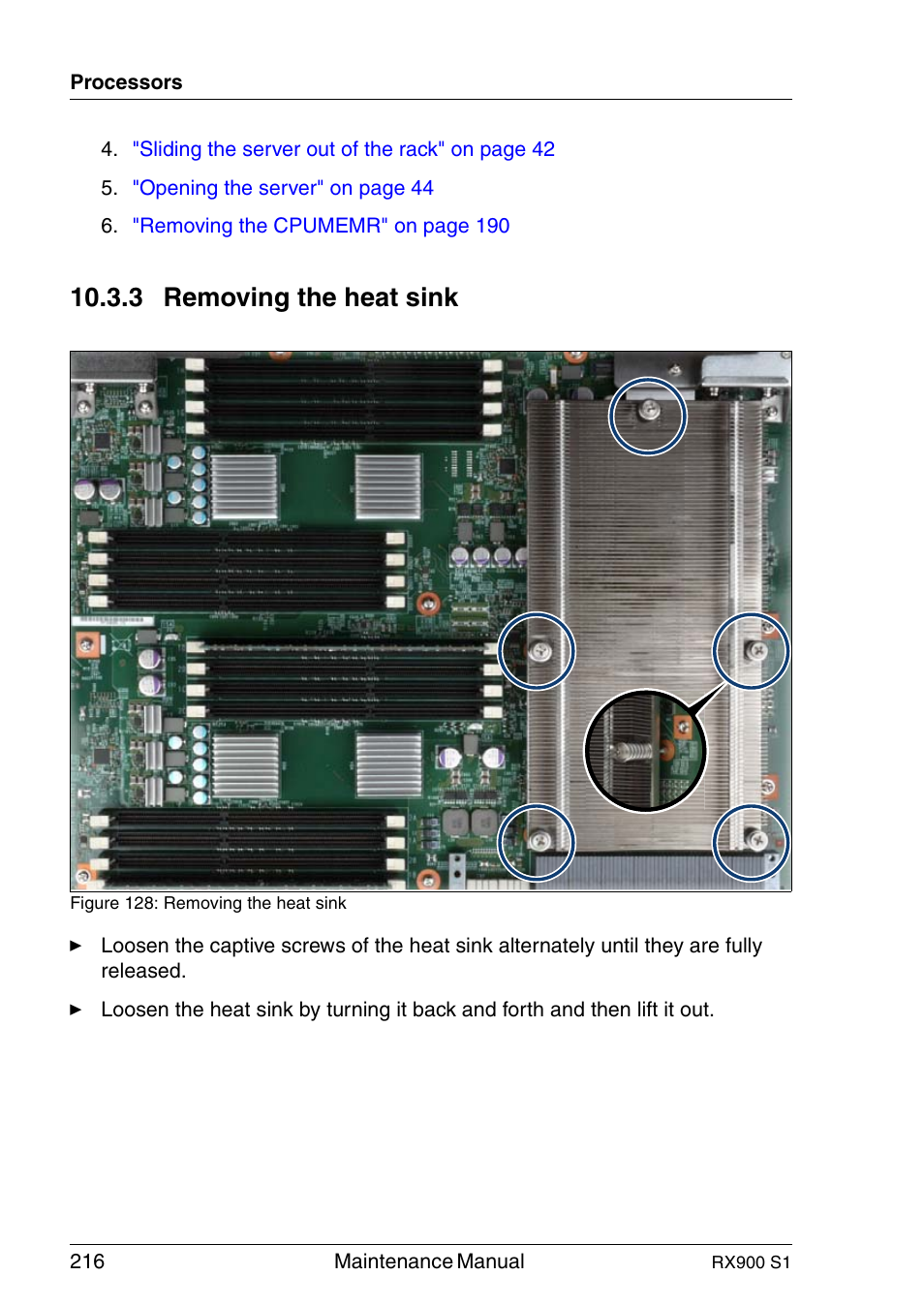 Removing the heat sink, 3 removing the heat sink | FUJITSU PRIMERGY RX900 S1 User Manual | Page 216 / 368
