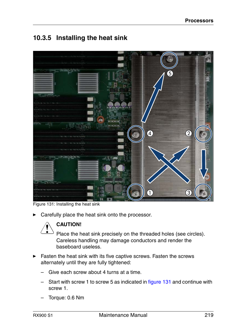 Installing the heat sink, 5 installing the heat sink | FUJITSU PRIMERGY RX900 S1 User Manual | Page 219 / 368