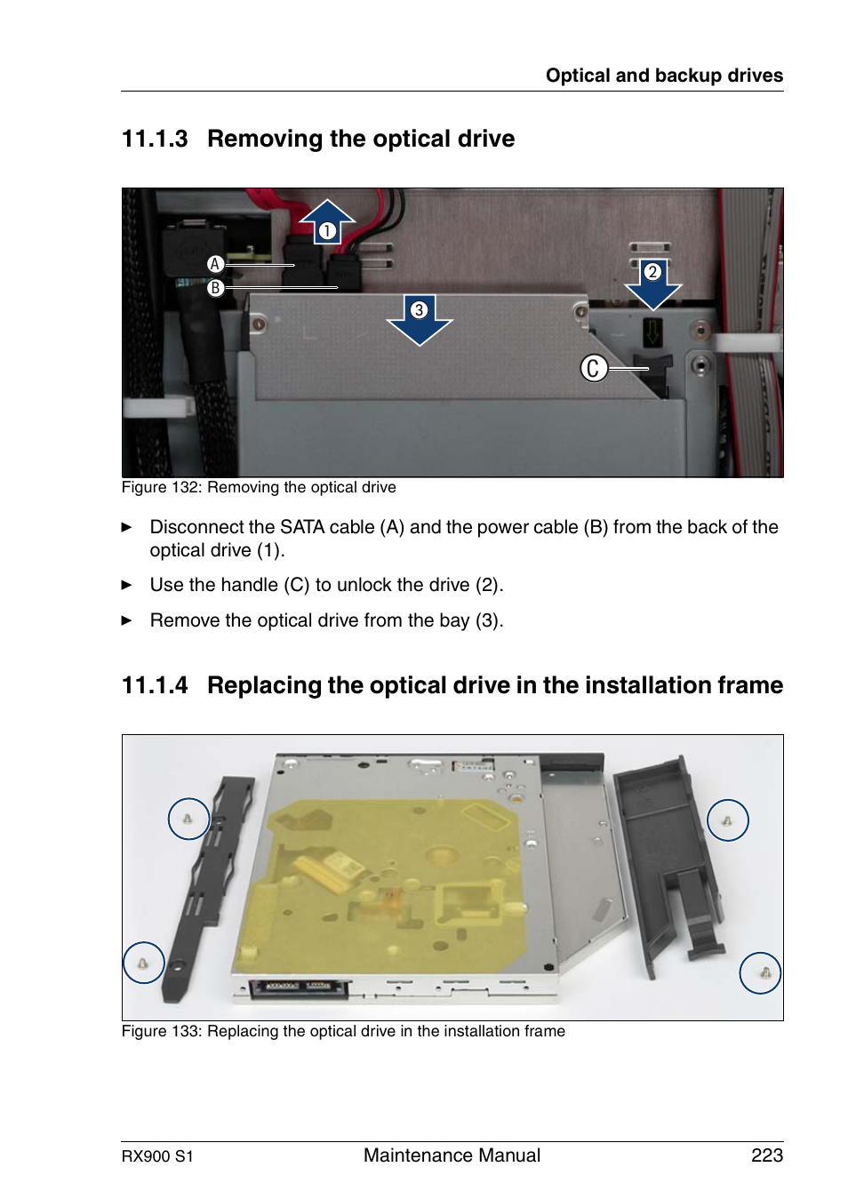 Removing the optical drive, 3 removing the optical drive | FUJITSU PRIMERGY RX900 S1 User Manual | Page 223 / 368