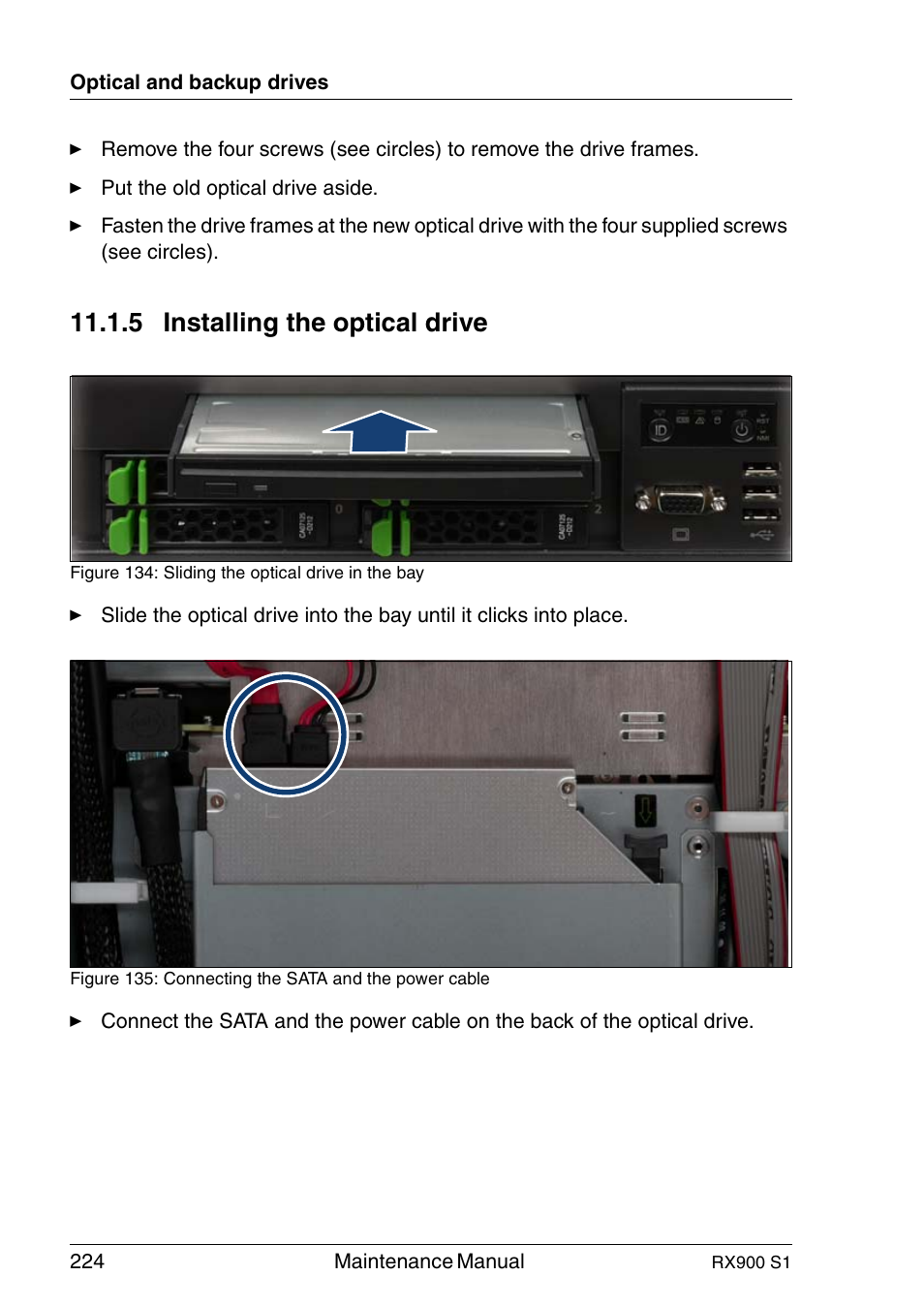 Installing the optical drive, 5 installing the optical drive | FUJITSU PRIMERGY RX900 S1 User Manual | Page 224 / 368