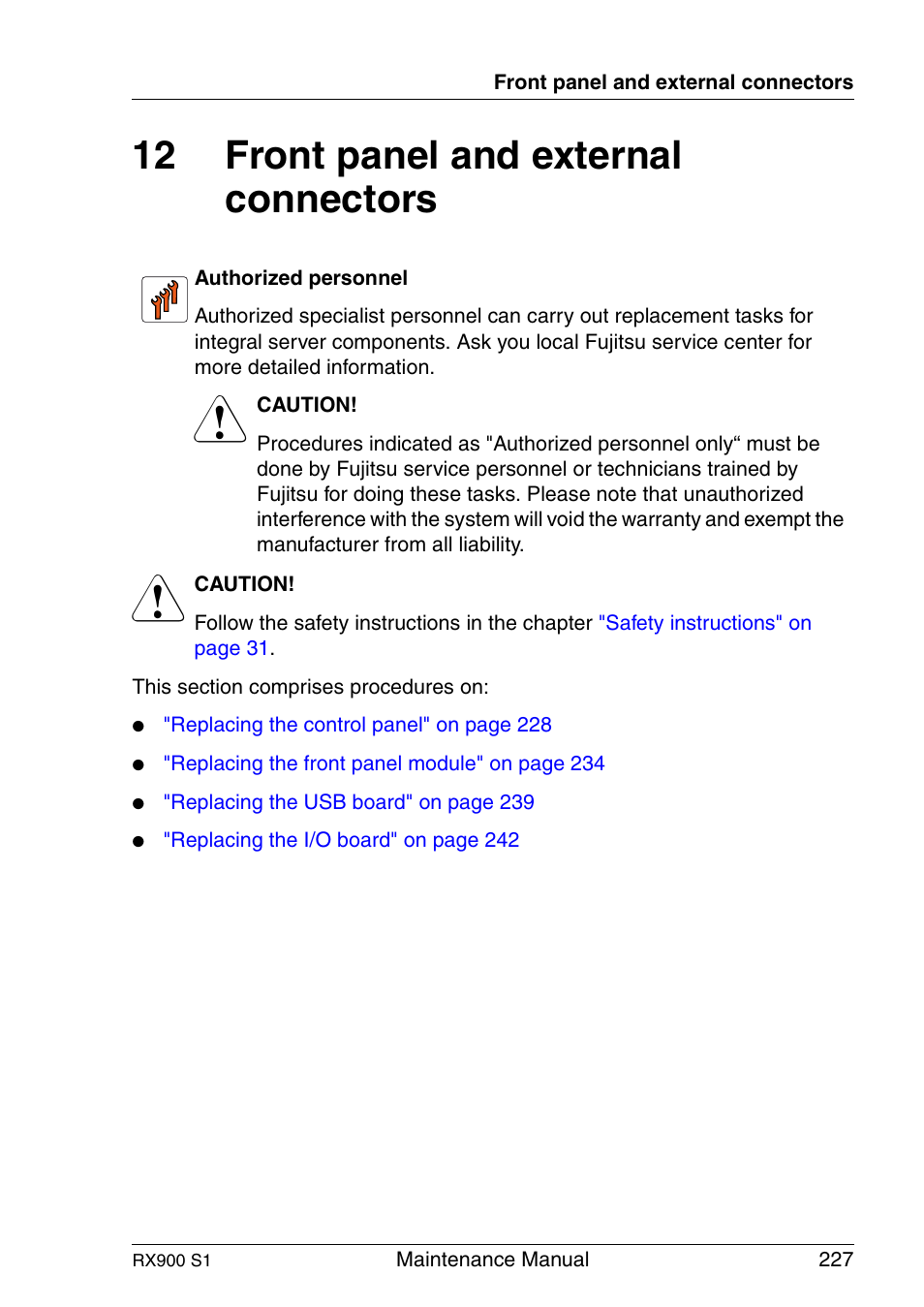 Front panel and external connectors, 12 front panel and external connectors | FUJITSU PRIMERGY RX900 S1 User Manual | Page 227 / 368