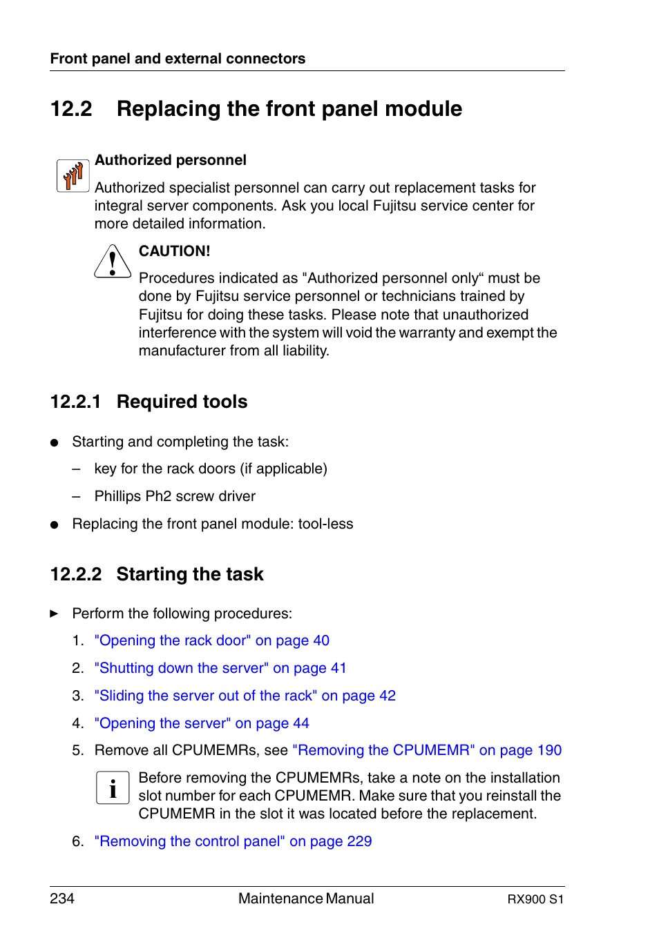 Replacing the front panel module, Required tools, Starting the task | 2 replacing the front panel module, 1 required tools, 2 starting the task | FUJITSU PRIMERGY RX900 S1 User Manual | Page 234 / 368