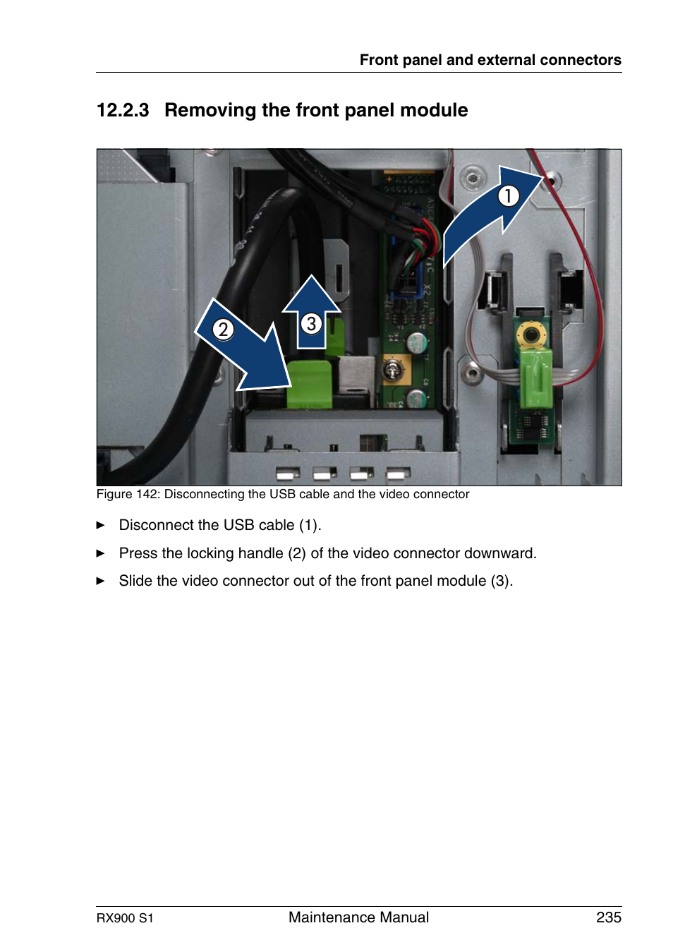 Removing the front panel module, 3 removing the front panel module | FUJITSU PRIMERGY RX900 S1 User Manual | Page 235 / 368