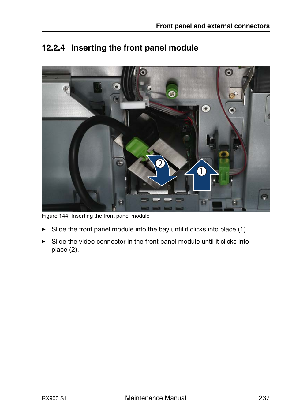 Inserting the front panel module, 4 inserting the front panel module | FUJITSU PRIMERGY RX900 S1 User Manual | Page 237 / 368