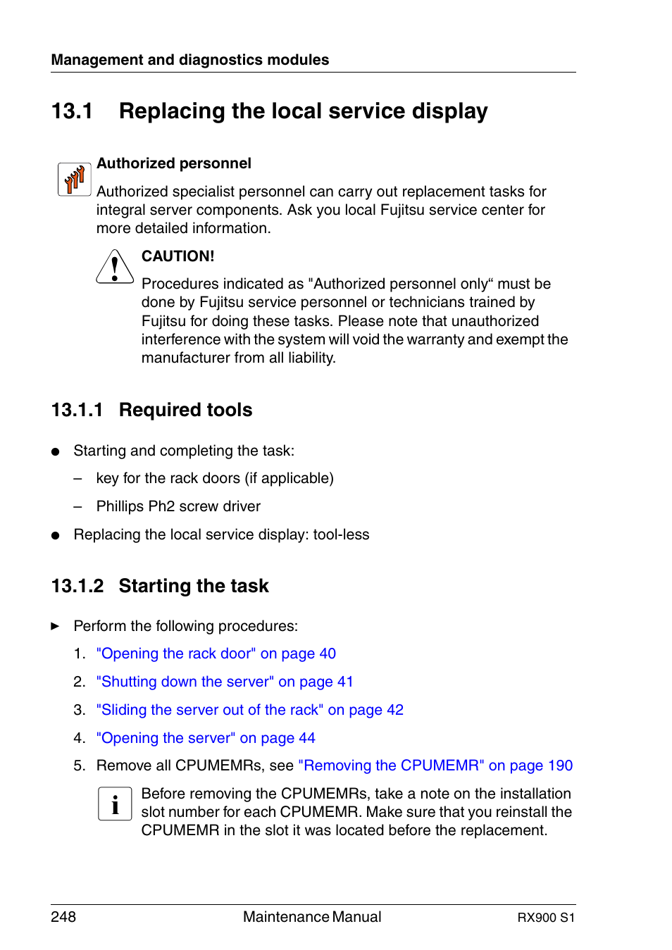 Replacing the local service display, Required tools, Starting the task | 1 replacing the local service display, 1 required tools, 2 starting the task | FUJITSU PRIMERGY RX900 S1 User Manual | Page 248 / 368