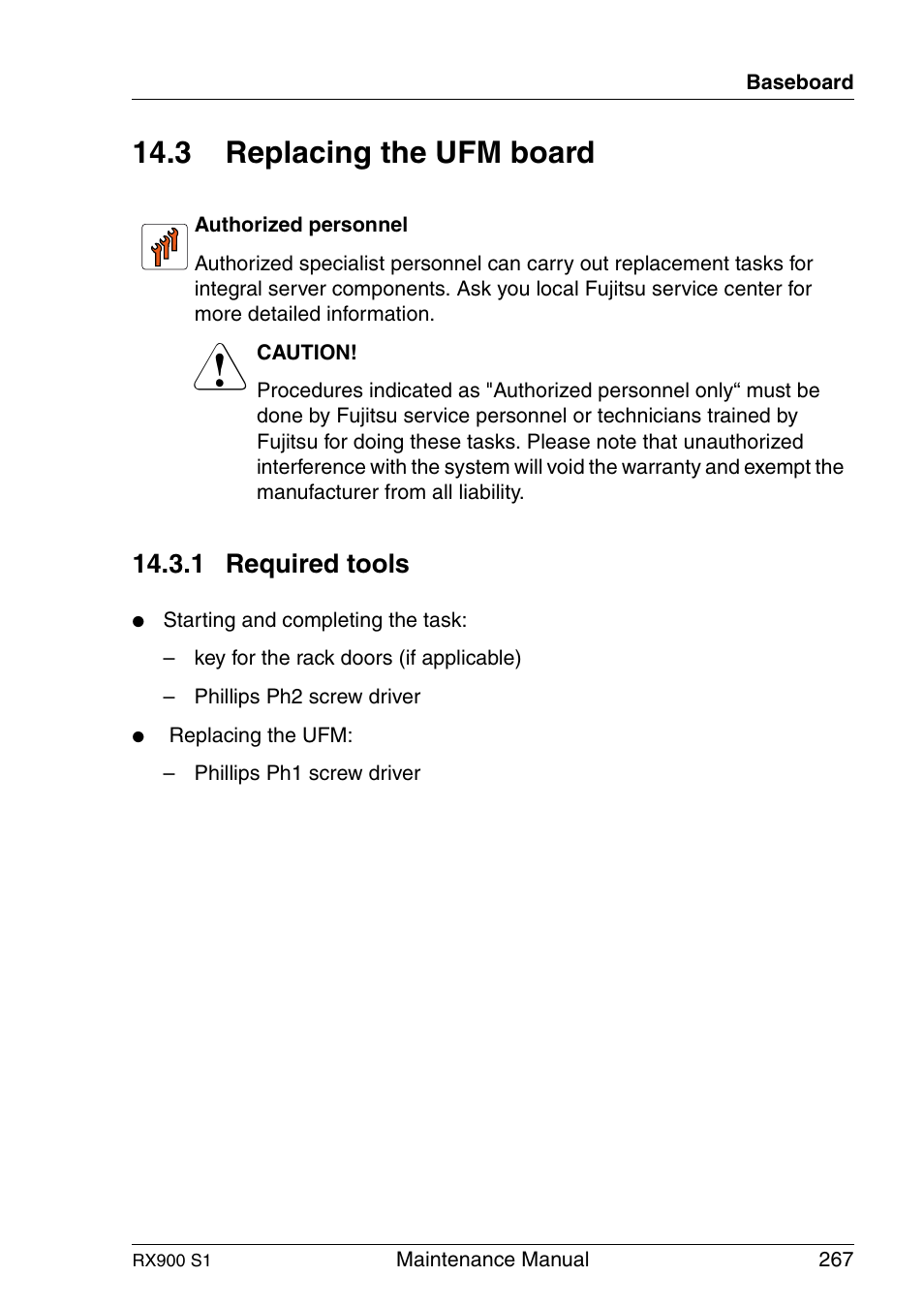 Replacing the ufm board, Required tools, 3 replacing the ufm board | 1 required tools | FUJITSU PRIMERGY RX900 S1 User Manual | Page 267 / 368