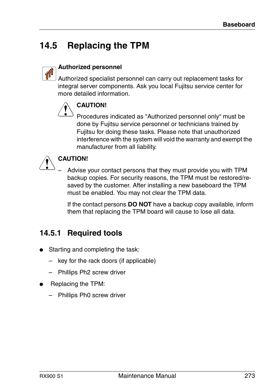 Replacing the tpm, Required tools, 5 replacing the tpm | 1 required tools | FUJITSU PRIMERGY RX900 S1 User Manual | Page 273 / 368