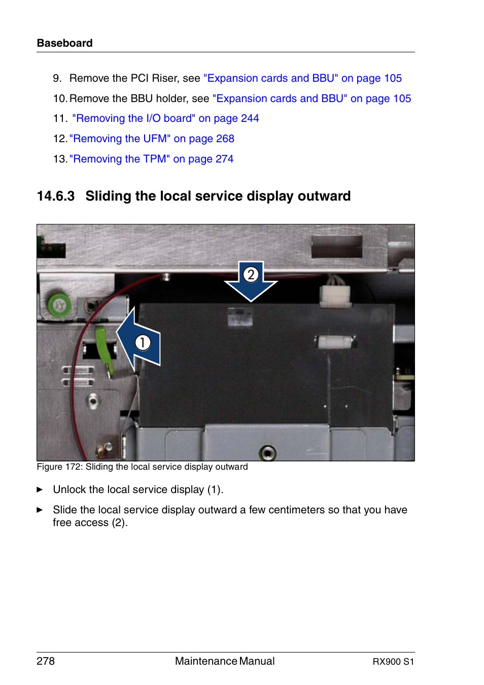 Sliding the local service display outward, 3 sliding the local service display outward | FUJITSU PRIMERGY RX900 S1 User Manual | Page 278 / 368