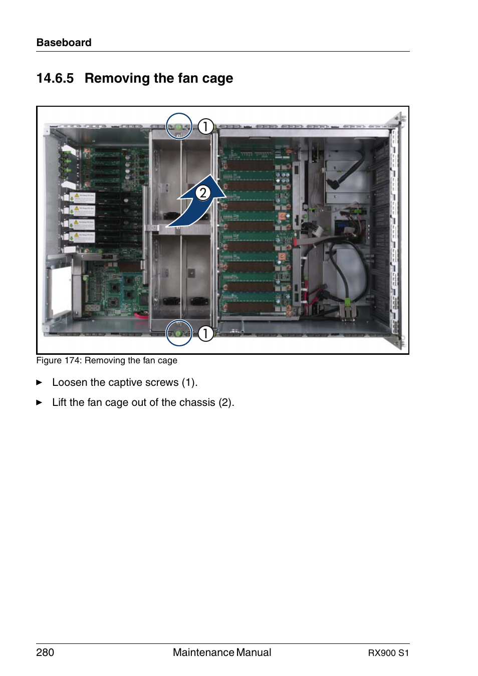 Removing the fan cage, 5 removing the fan cage | FUJITSU PRIMERGY RX900 S1 User Manual | Page 280 / 368