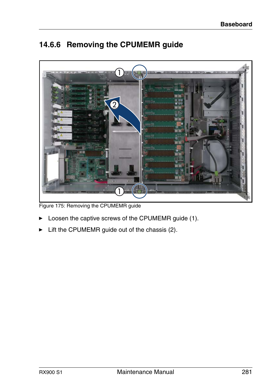 Removing the cpumemr guide | FUJITSU PRIMERGY RX900 S1 User Manual | Page 281 / 368
