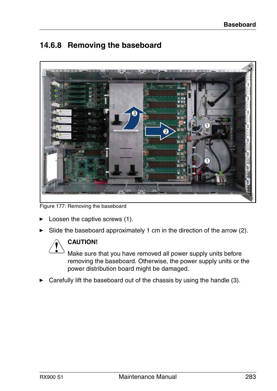 Removing the baseboard, 8 removing the baseboard | FUJITSU PRIMERGY RX900 S1 User Manual | Page 283 / 368