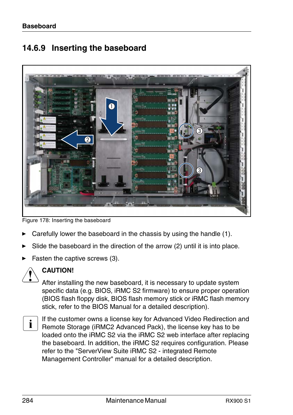Inserting the baseboard, 9 inserting the baseboard | FUJITSU PRIMERGY RX900 S1 User Manual | Page 284 / 368