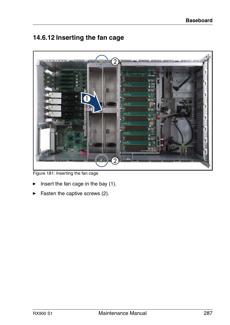Inserting the fan cage | FUJITSU PRIMERGY RX900 S1 User Manual | Page 287 / 368