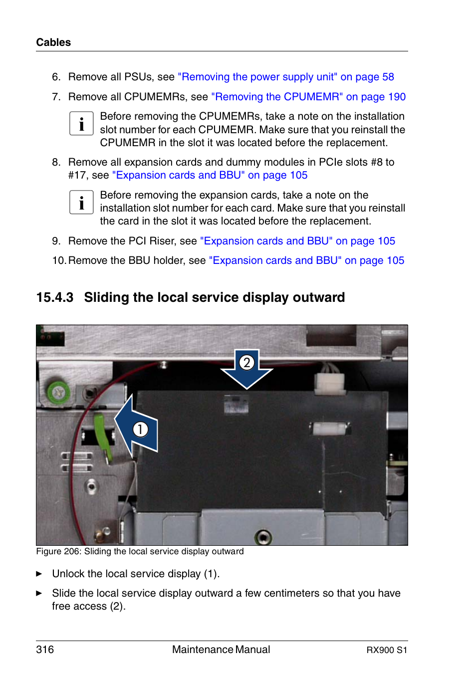 Sliding the local service display outward, 3 sliding the local service display outward | FUJITSU PRIMERGY RX900 S1 User Manual | Page 316 / 368