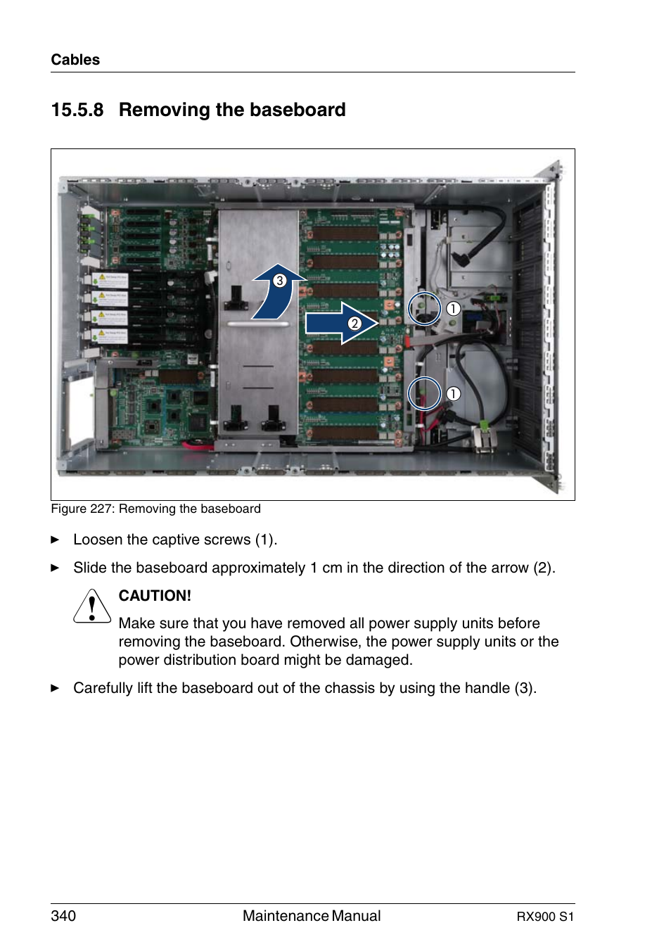 Removing the baseboard, 8 removing the baseboard | FUJITSU PRIMERGY RX900 S1 User Manual | Page 340 / 368