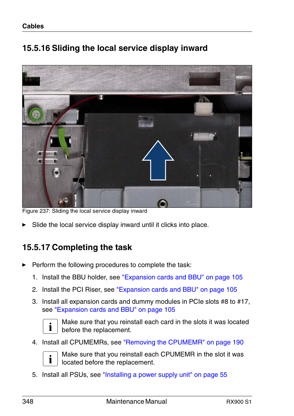 Sliding the local service display inward, Completing the task, 16 sliding the local service display inward | 17 completing the task | FUJITSU PRIMERGY RX900 S1 User Manual | Page 348 / 368